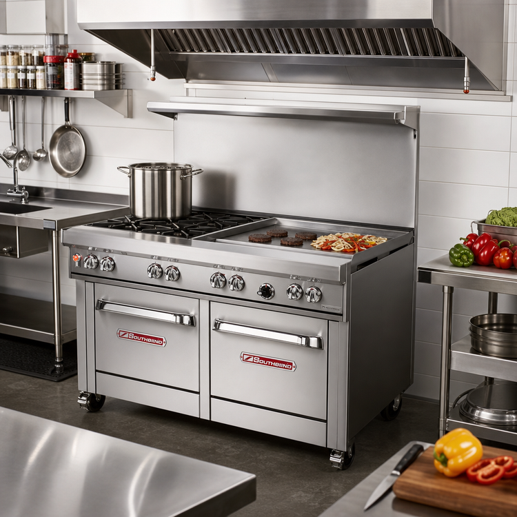 Product image #2 for Southbend Ultimate 48-Inch Commercial Gas Restaurant Range with 2 Non-Clog Burners, 36-Inch Griddle, Convection Oven and Cabinet Base