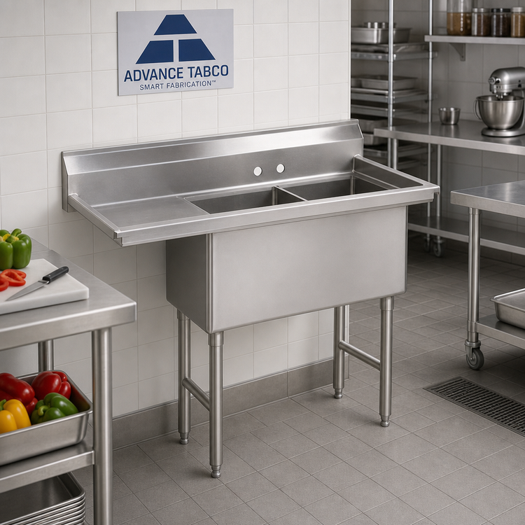 Product image #2 for Advance Tabco Special Value Series 2-Compartment Fabricated Sink with Left Drainboard, 18 x 24 Inch Bowls, 16 Gauge 304 Stainless Steel