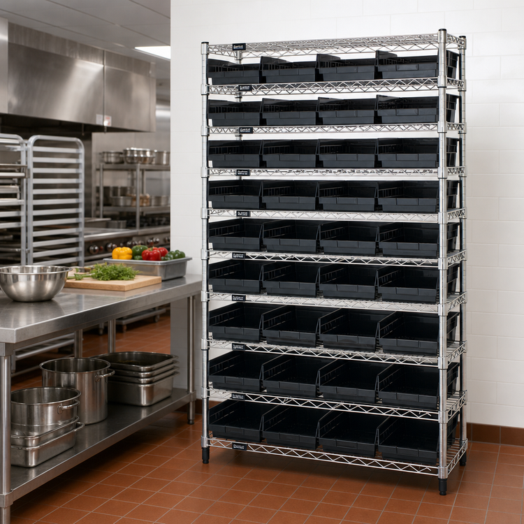 Product image #2 for Quantum Conductive Stationary Bin Wire Shelving System with 12 Shelves and 44 Bins, 36 x 18 x 74 Inches