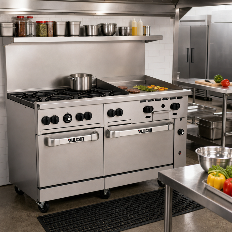 Product image #2 for Vulcan Endurance 60-Inch Natural Gas Restaurant Range with 6 Open Burners, 24-Inch Manual Griddle and 2 Standard Ovens