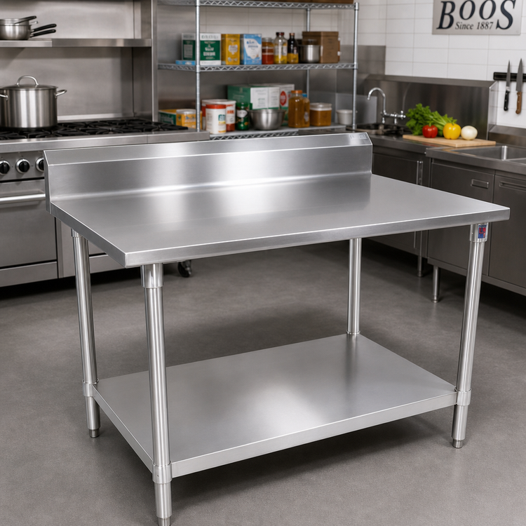 Product image #2 for John Boos Stallion 84" x 36" Stainless Steel Top Work Table with 5" Backsplash, Safety Edge, and Undershelf