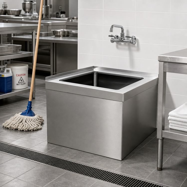 Product image #2 for Omcan Stainless Steel Floor-Mount Mop Sink with Drain Basket, 20 x 16 x 12-Inch Bowl