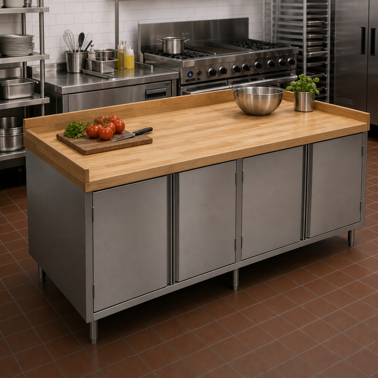 Product image #2 for BK Resources 96 Inch x 36 Inch Hard Maple Wood Top Chef Table with Cabinet Base and Hinged Doors