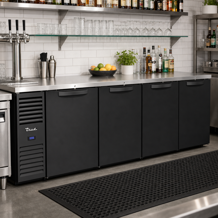 Product image #2 for True 108-Inch Four-Section Refrigerated Back Bar Cooler with Stainless Steel Top and Solid Doors