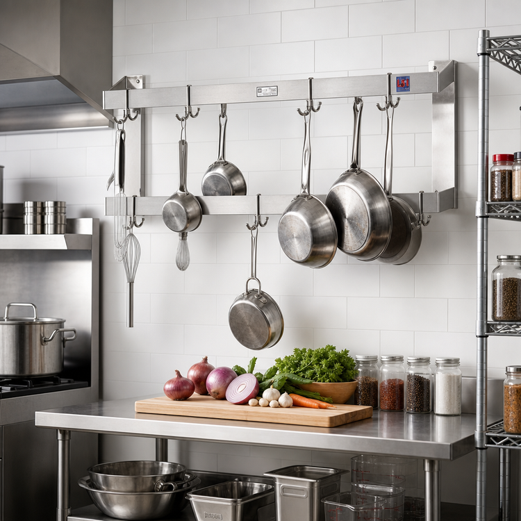 Product image #2 for John Boos Wall-Mount Double-Bar Pot Rack with 8 Stainless Steel Double Hooks, 48 x 12 x 16 Inches