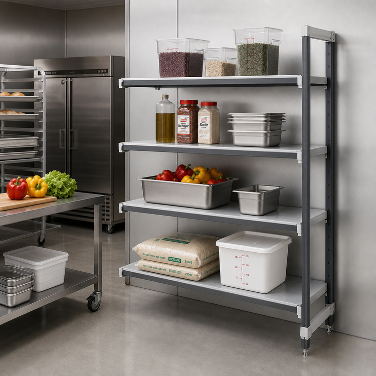 Product image #2 for Cambro Camshelving Elements XTRA 4-Tier Solid Stationary Add-On Polymer Shelving Unit, 21 x 48 x 84 Inches, Speckled Gray