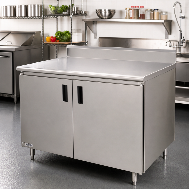 Product image #2 for Advance Tabco Special Value Series Economy Enclosed Work Table with Sliding Doors, 84 x 30 Inches, 16 Gauge 304 Stainless Steel Top