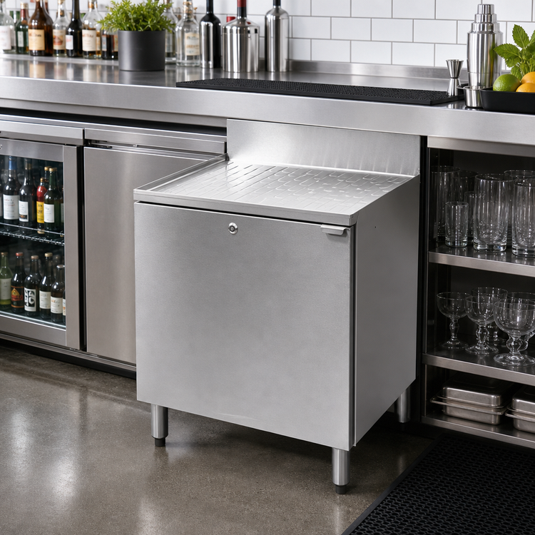 Product image #2 for CHOICE by Glastender 12-Inch x 19-Inch Stainless Steel Underbar Drainboard Cabinet Base with Hinged Door