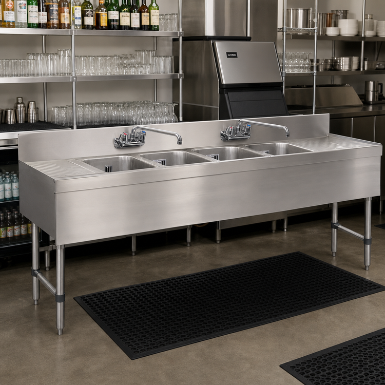 Product image #2 for Advance Tabco Special Value Series 84-Inch 4-Compartment Stainless Steel Bar Sink with Left and Right Drainboards and Splash-Mount Faucets