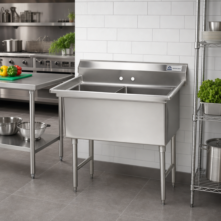 Product image #2 for Advance Tabco 2-Compartment Fabricated Stainless Steel Sink with 15 x 15 x 14-Inch Bowls and Legs
