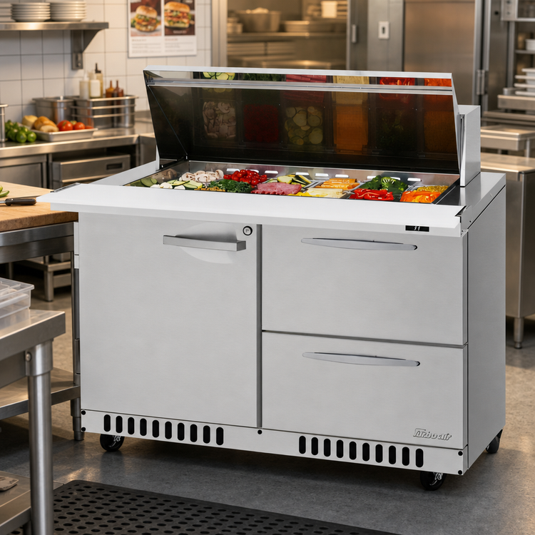 Product image #3 for Turbo Air PRO Series Front Breathing Two-Section Mega Top Sandwich/Salad Prep Table, 48 1/4-Inch, 18-Pan, 1 Door, 2 Drawers