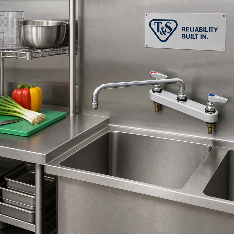Product image #2 for T&S Brass B-1134 Low-Lead ADA Compliant Workboard Faucet, 8-Inch Centers, Quarter-Turn Eterna Cartridges, Lever Handles, Swing/Swivel Spout