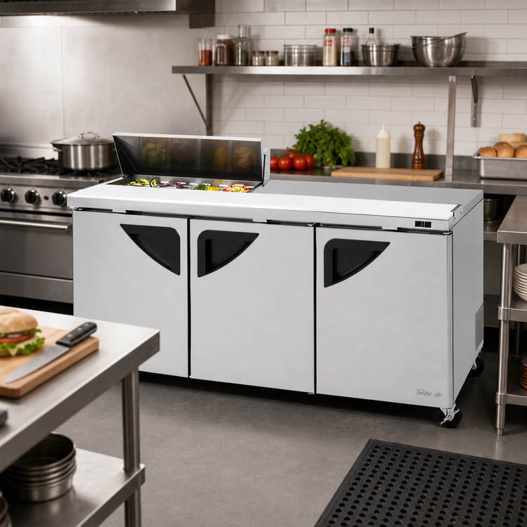 Product image #2 for Turbo Air Super Deluxe Three-Section Sandwich/Salad Refrigerated Prep Table with 8-Pan Opening, 72-5/8-Inch Wide