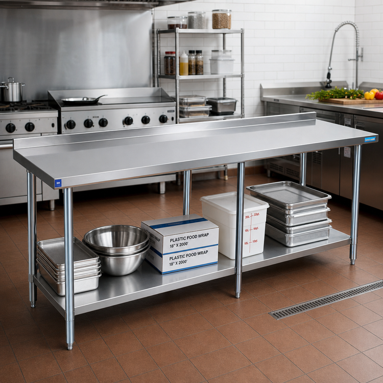 Product image #2 for BK Resources 84-Inch x 30-Inch 18/430 Stainless Steel Work Table with 1-1/2-Inch Rear Riser and Undershelf