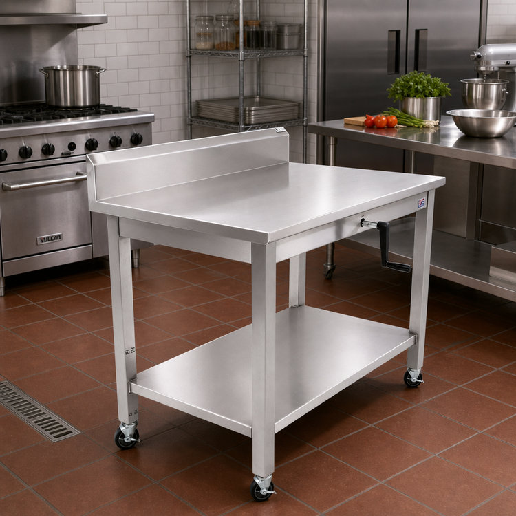 Product image #2 for John Boos ADA Adjustable-Height Hydraulic Lift Stainless Steel Work Table with 5-Inch Backsplash and Locking Casters, 48 x 30 Inches
