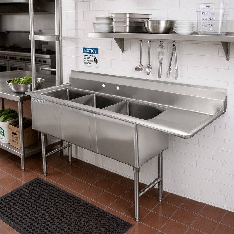 Product image #2 for Advance Tabco 3-Compartment Sink with Right Drainboard, 18 x 24 x 14 Inch Bowls, 16 Gauge 304 Stainless Steel