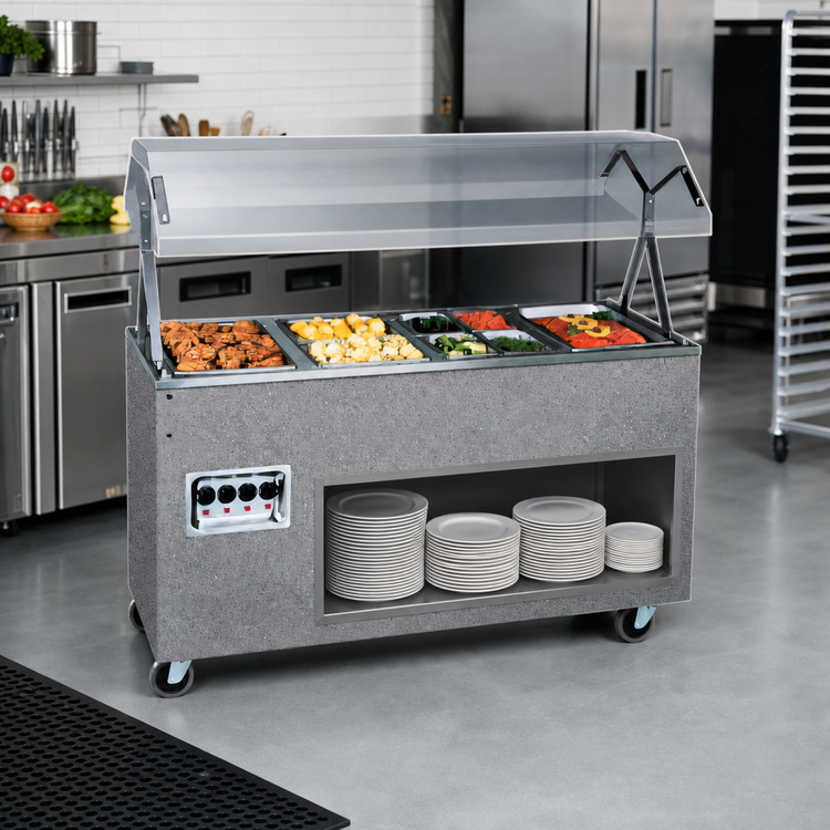 Product image #2 for Vollrath 2-Series Affordable Portable 4-Well Mobile Hot Food Station with Open Storage Base and Buffet Breath Guard, 60 Inch, Granite, 120V