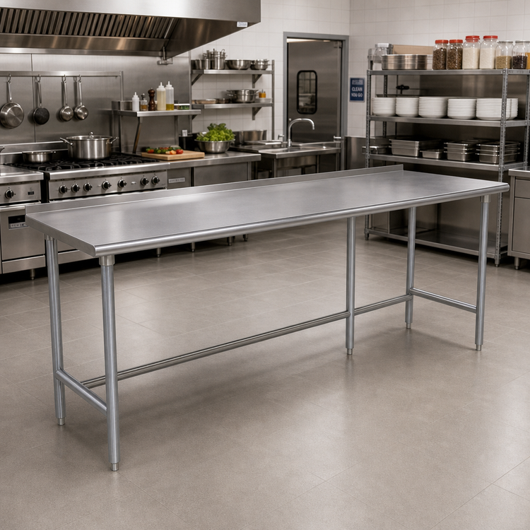 Product image #2 for Advance Tabco 144-Inch x 36-Inch 16-Gauge 430 Stainless Steel Work Table with 1-1/2-Inch Rear Up-Turn and Galvanized Base