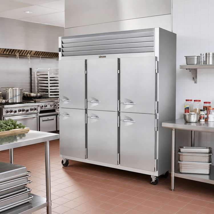 Product image #2 for Traulsen Spec-Line 3-Section Remote Reach-In Freezer, Standard Depth, Narrow Half-Height Solid Doors, Stainless Steel, 69.35 Cu. Ft.