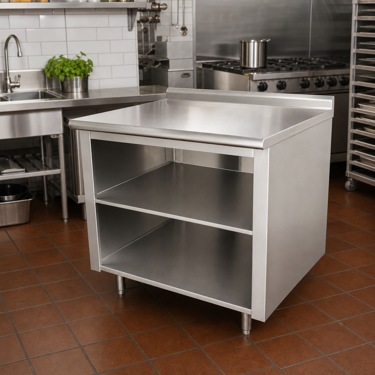 Product image #2 for Advance Tabco 48 Inch x 36 Inch 14 Gauge 304 Stainless Steel Work Table with Open Front Cabinet Base, Mid-Shelf, and 1-1/2 Inch Rear Up-Turn