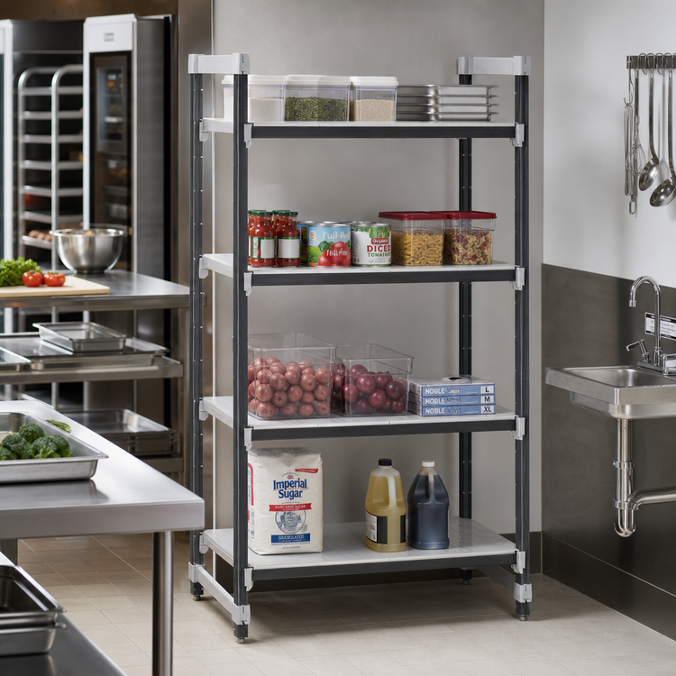 Product image #2 for Cambro Camshelving Elements XTRA 4-Tier Solid Stationary Polymer Shelving Starter Unit, 18 x 42 x 64 Inches, Speckled Gray