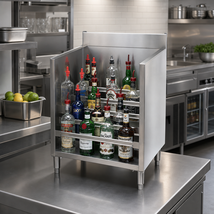 Product image #2 for Advance Tabco Underbar Basics 5-Step Freestanding Stainless Steel Liquor Bottle Display Unit