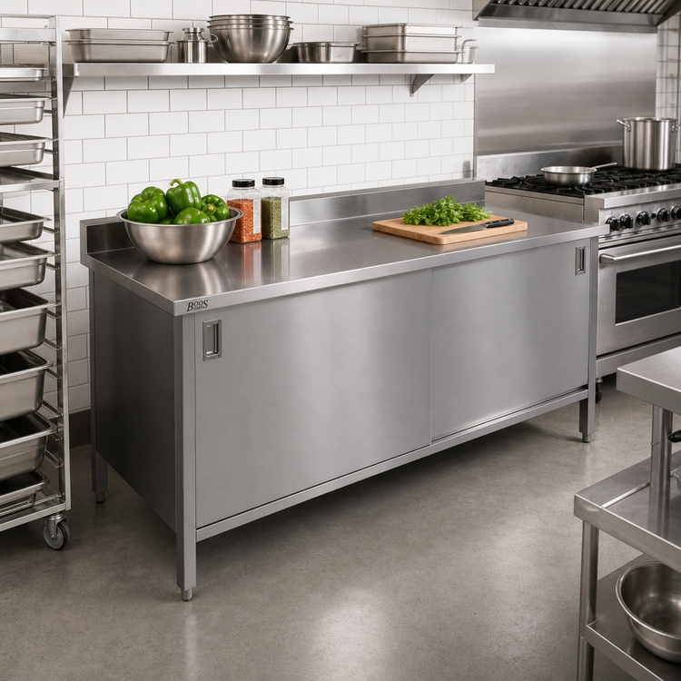Product image #2 for John Boos Enclosed Work Table with Hinged Doors, 120 x 30 Inches, 14-Gauge 300-Series Stainless Steel Top, 5-Inch Backsplash
