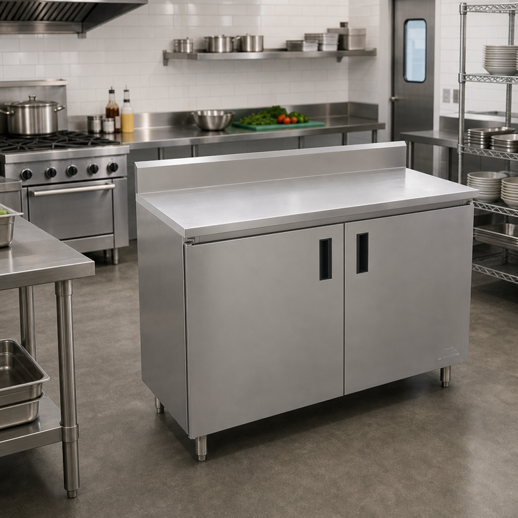 Product image #2 for Advance Tabco Special Value Series Enclosed Work Table with Cabinet Base, 72-Inch W x 24-Inch D, 16-Gauge 304 Stainless Steel Top, 5-Inch Backsplash