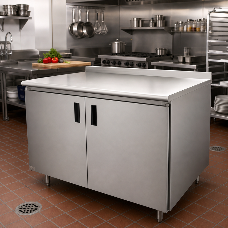 Product image #2 for Advance Tabco HF-SS-367M Enclosed Work Table with Cabinet Base, Mid-Shelf and Hinged Doors, 84 Inch x 36 Inch, 14 Gauge 304 Stainless Steel Top