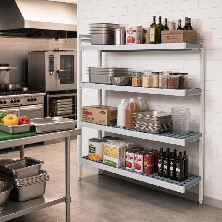 Product image #2 for Fermostock 4-Tier Perforated Polymer Shelving Unit Expansion Kit, 71 in. H x 26 in. W x 14 in. D, 800 lb. Per Shelf