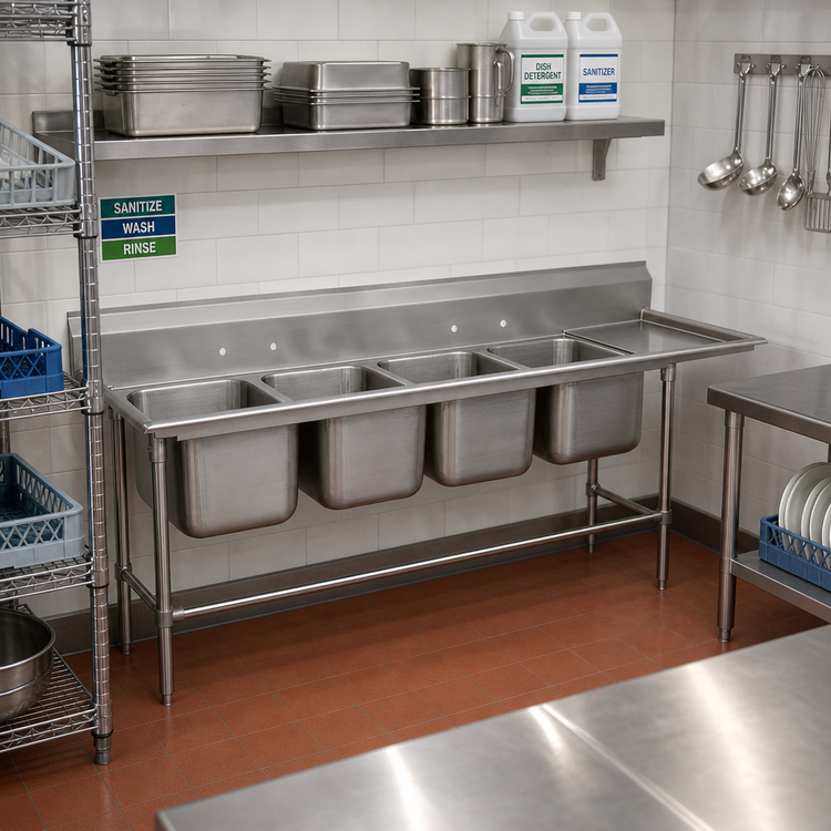 Product image #2 for Advance Tabco Regaline Four-Compartment Sink with Right-Hand Drainboard, 24 x 24 x 14 Inches, 14-Gauge 304 Stainless Steel