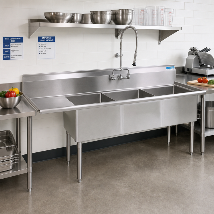 Product image #2 for BK Resources Three-Compartment Stainless Steel Sink with Left Drainboard and 18" x 18" x 12" Bowls