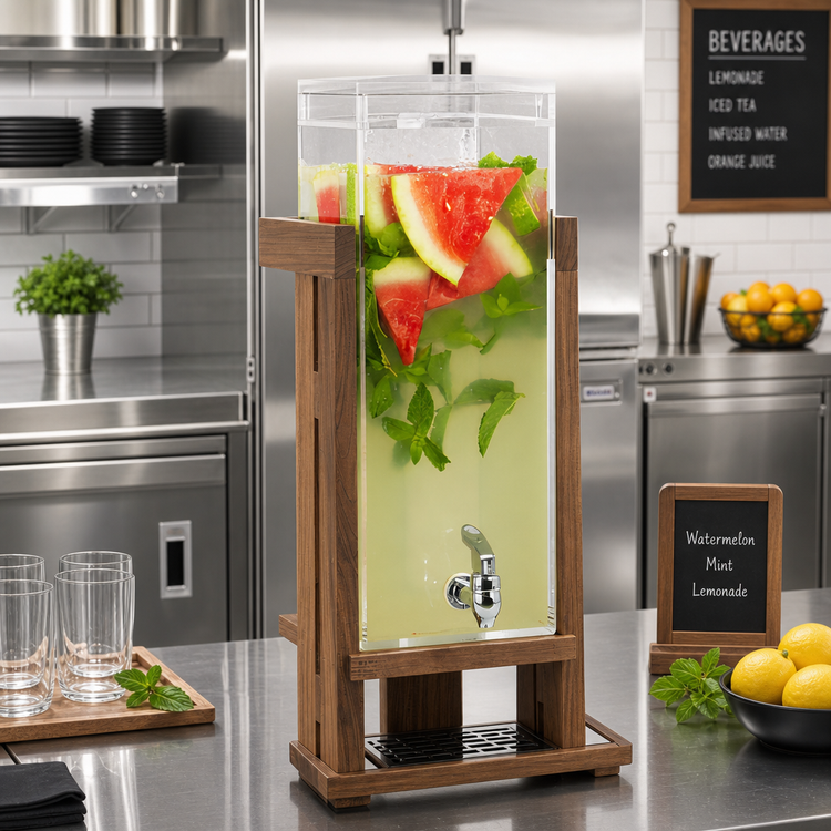 Product image #3 for Cal-Mil Sydney Single Acrylic Beverage Dispenser with Ice Chamber, Drip Tray, and Removable Spigot, 3 Gallon, Walnut