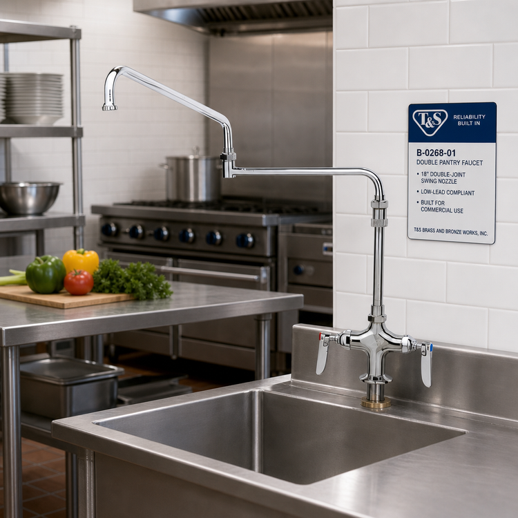 Product image #2 for T&S Brass B-0268-01 Single-Hole Deck-Mount Low-Lead Double Pantry Mixing Faucet with 18-Inch Double-Joint Swing Nozzle