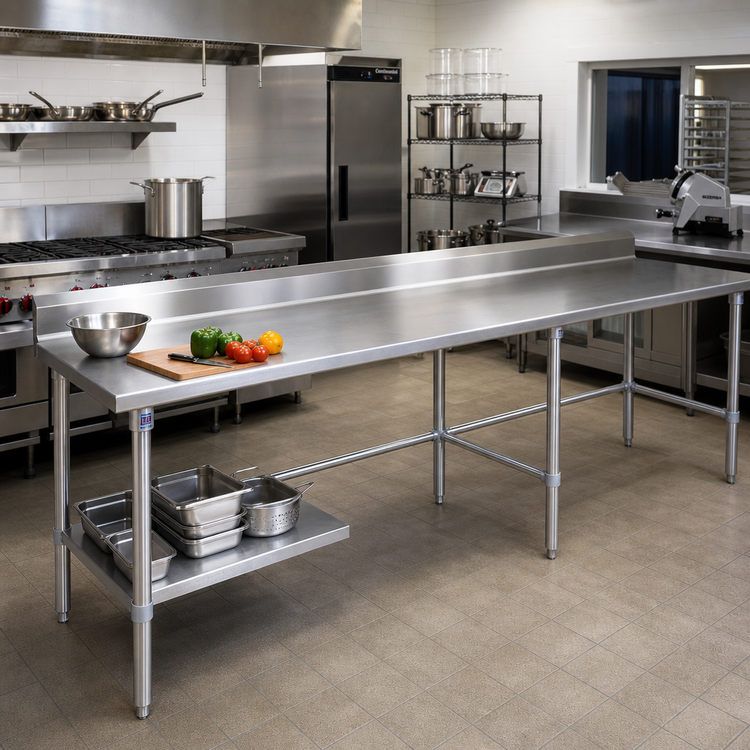Product image #2 for John Boos Stallion 120-Inch x 36-Inch Stainless Steel Work Table with 5-Inch Backsplash and Safety Edge