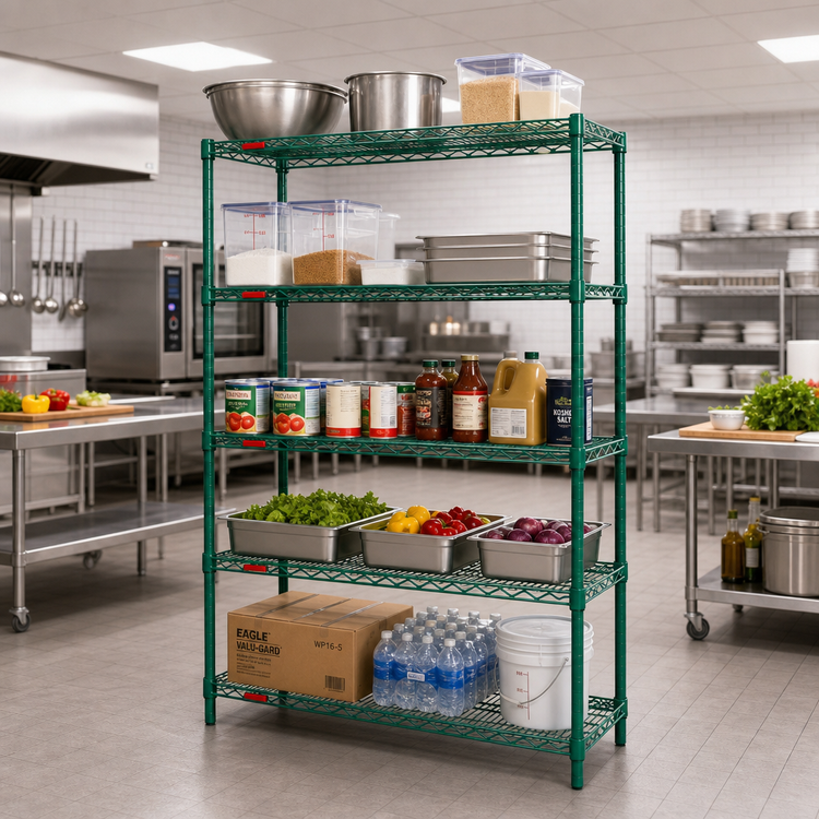 Product image #2 for Eagle Valu-Gard 5-Tier Starter Wire Shelving Unit, 48"W x 18"D x 74"H, Green Epoxy