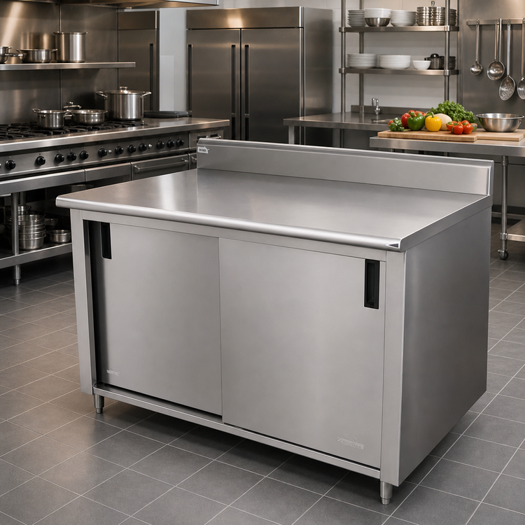 Product image #2 for Advance Tabco Special Value Series Enclosed Work Table with Cabinet Base, Mid-Shelf, Sliding Doors, and 16 Gauge 304 Stainless Steel Top, 84 x 24 Inches