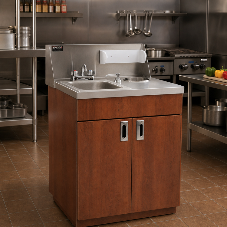 Product image #2 for Eagle Group PHS-A-H-LB Portable Self-Contained Hand Sink with Hot & Cold Water, Acrylic Plate, and Biltmore Cherry Laminate Cabinet