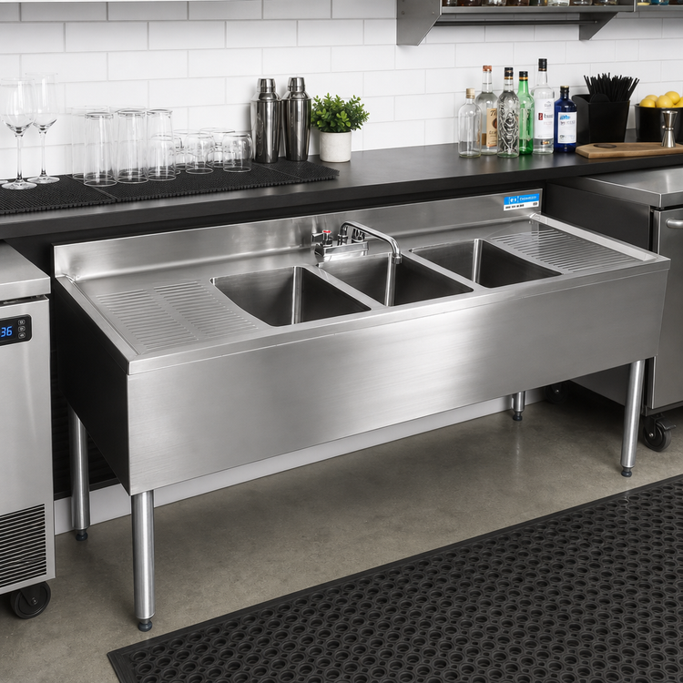 Product image #2 for BK Resources Slim-Line Three-Compartment Underbar Sink with Dual Drainboards and Faucet, 72 Inch Wide