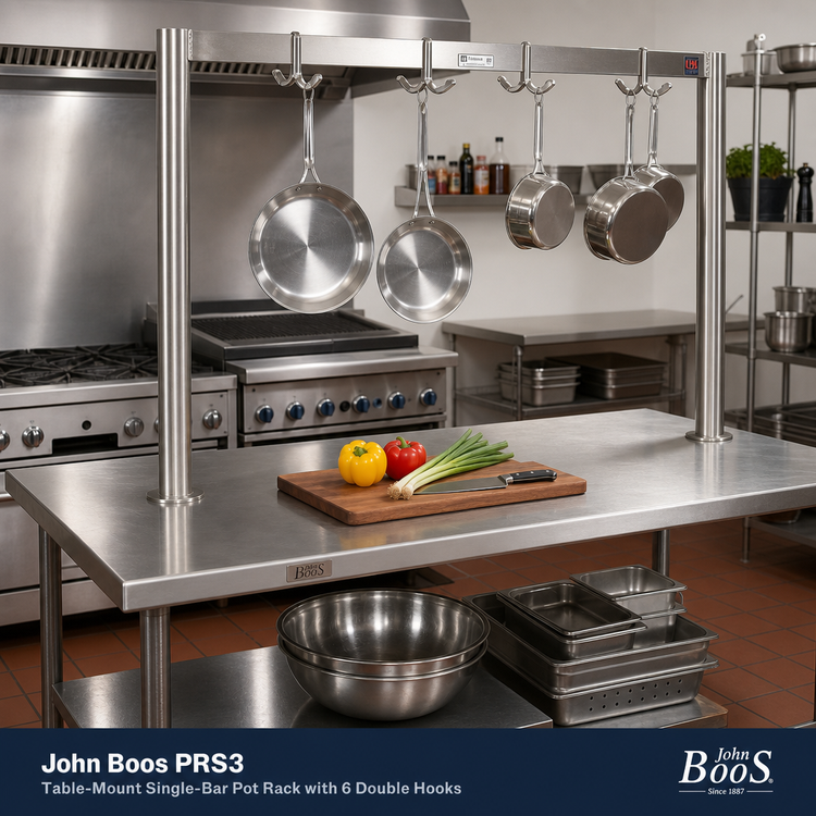 Product image #2 for John Boos PRS3 Table-Mount Single-Bar Stainless Steel Pot Rack with 6 Double Hooks