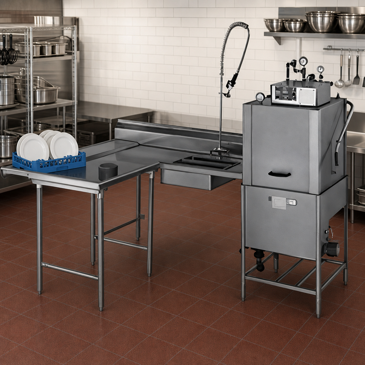 Product image #2 for Eagle Group Island Soiled Dish Table with Dish Landing Shelf and Pre-Rinse Sink, 84" Machine-to-Corner x 60" Corner-to-End, Right-to-Left