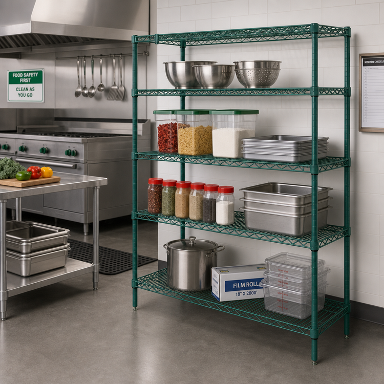 Product image #2 for Quantum Wire Shelving Starter Kit, 36W x 14D x 54H, Stationary, Green Epoxy Antimicrobial Finish