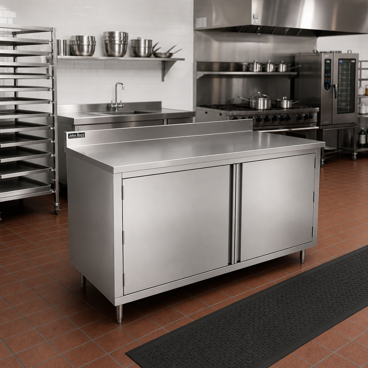 Product image #2 for John Boos 84" x 36" Enclosed Stainless Steel Work Table with Hinged Cabinet Doors and 5" Backsplash