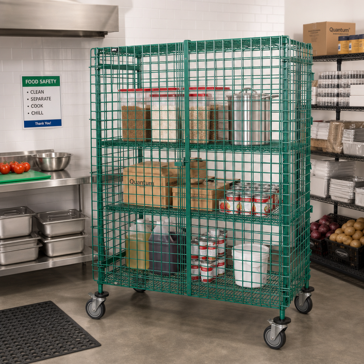 Product image #2 for Quantum Mobile Wire Security Cage with 2 Shelves, Doors, and Casters, 48 x 21 x 69 Inches
