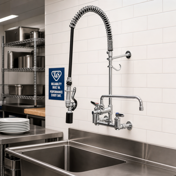 Product image #2 for T&S Brass EasyInstall Wall Mount Pre-Rinse Unit with Add-On Faucet, 16" Swing Nozzle, 1.07 GPM Spray Valve