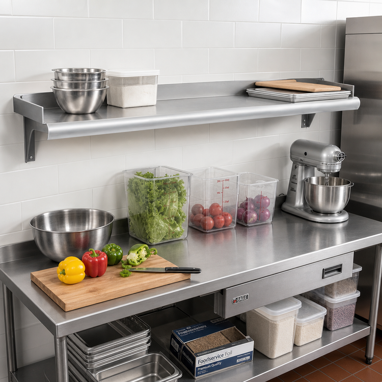 Product image #2 for Eagle Snap-n-Slide 60" x 15" Wall-Mounted Shelf, Rolled Front Edge, 14/304 Stainless Steel