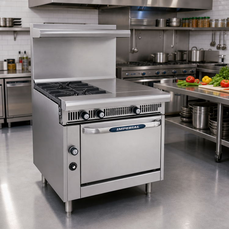 Product image #2 for Imperial Spec Series 36-Inch Heavy Duty Gas Range with 2 Open Burners and 18-Inch Hot Top, Open Cabinet Base