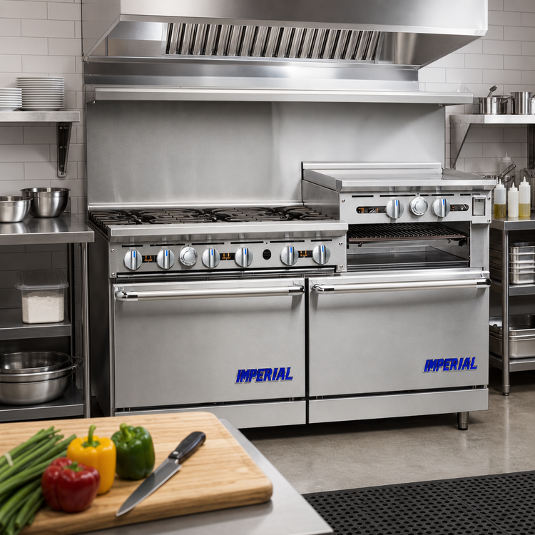 Product image #2 for Imperial Pro Series 60-Inch Gas Restaurant Range with 6 Open Burners, 24-Inch Raised Griddle/Broiler, Standard Oven, and Cabinet Base