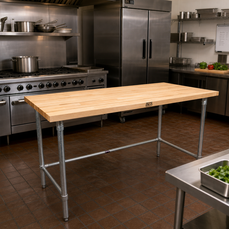 Product image #2 for BK Resources 72-Inch x 30-Inch Hard Maple Flat Top Work Table with Galvanized Open Base