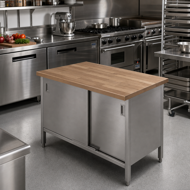 Product image #2 for John Boos 36 x 30 Inch Wood Top Work Table with Enclosed Stainless Steel Base and Sliding Doors